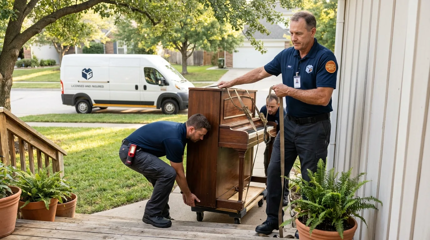 Licensed piano movers securing grand piano in Calverton, NY