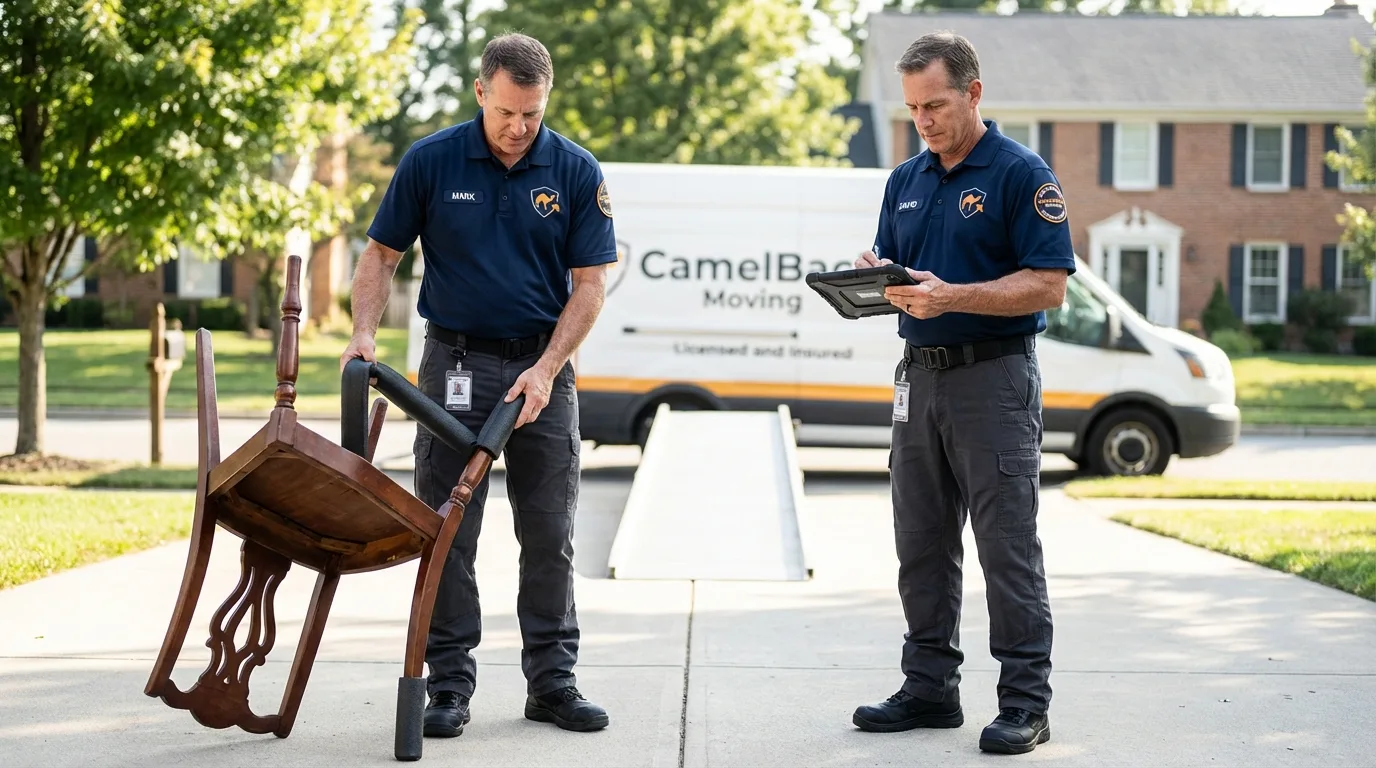 Movers inspecting furniture for damage prevention before loading in Calverton, NY