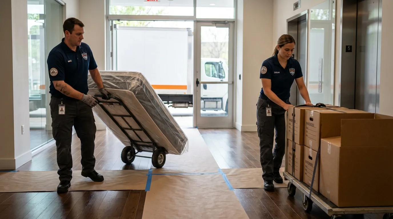 Professional apartment movers loading elevator in Calverton, NY